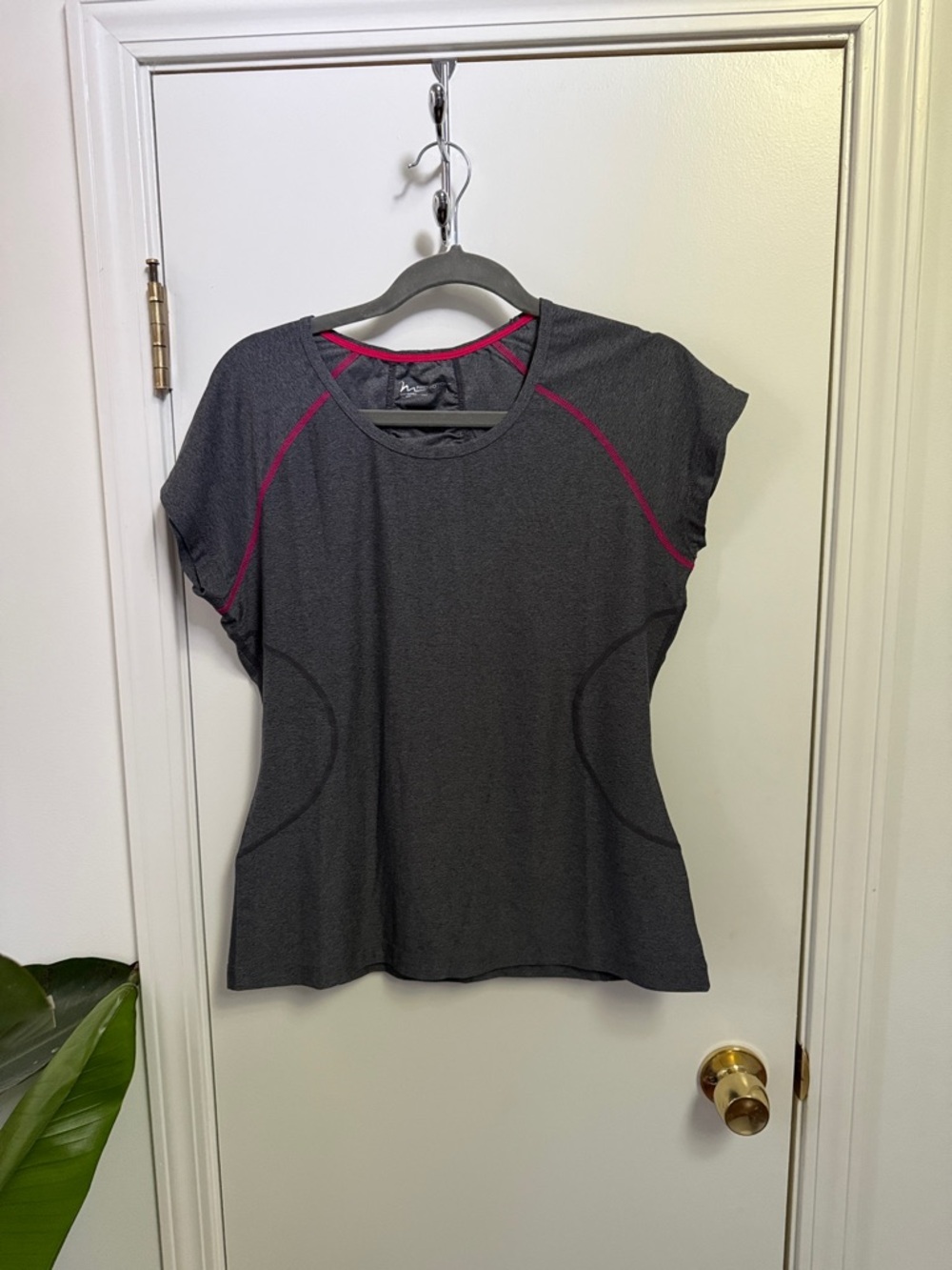 Athletic Charcoal Gray Short Sleeve Top with Pink Trim